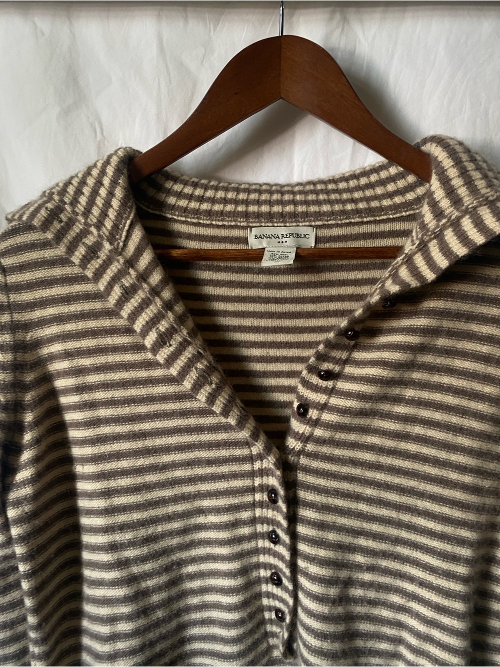 Banana Republic Striped Button-Up Sweater Hoodie in Cream and Brown